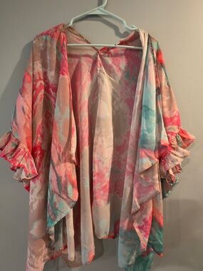 Lightweight Pink Coral & Aqua Watercolor Kimono Cardigan - Women
